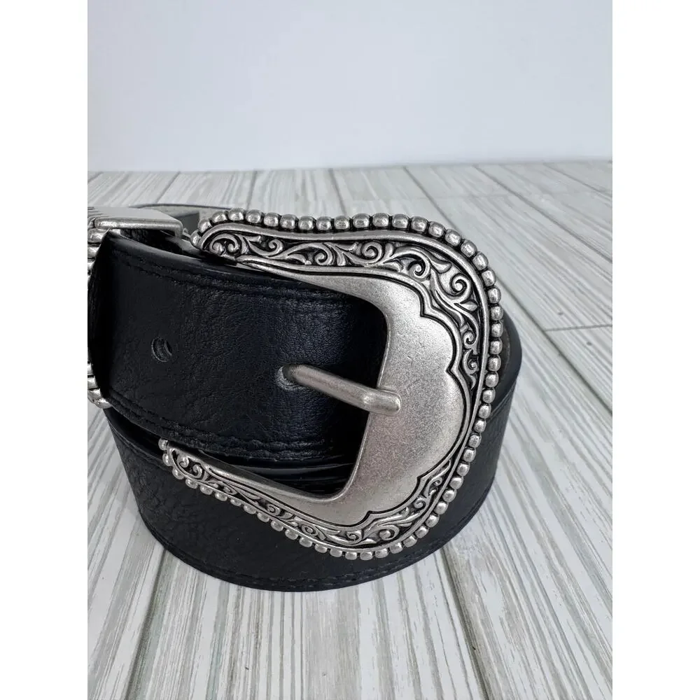 Vince Camuto belt large western ornate silver tone buckle vegan black leather